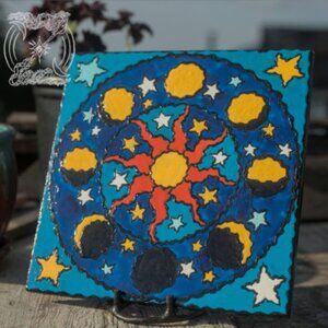 Sun Moon & Stars Hand-Painted Art Tile | Original Design Enamel Finish Home Deco